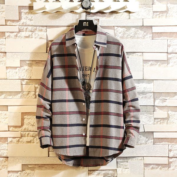 

2018 fashion men's striped checked shirt american casual youth long sleeved jacket high code, White;black