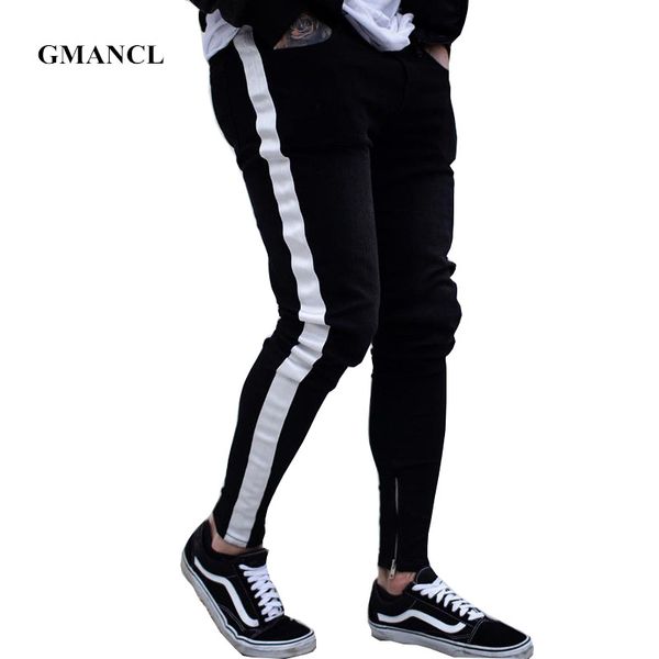 men white stripes stitching black skinny biker jeans streetwear hip-hop elastic ankle zipper joggers denim pants, Blue
men white stripes stitching black skinny biker jeans streetwear hip-hop elastic ankle zipper joggers denim pants, Blue