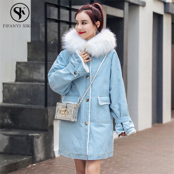 women's jackets winter long coat vintage lambswool denim jacket women fur collar hooded coats female loose warm outerwear jean, Black;brown
women's jackets winter long coat vintage lambswool denim jacket women fur collar hooded coats female loose warm outerwear jean, Black;brown