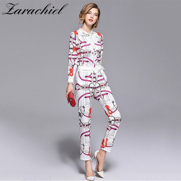 2018 fashion chain printed suit sets 2 piece bow collar full sleeve shirt + belt pencil pants sets for women runway twinsets d18110706, White
2018 fashion chain printed suit sets 2 piece bow collar full sleeve shirt + belt pencil pants sets for women runway twinsets d18110706, White
