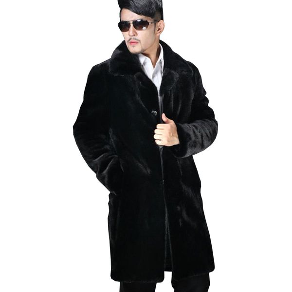 caf300- new fashion winter men long faux fur coat black warm thick fur coat men