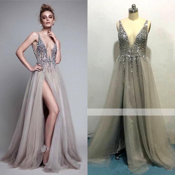 real image thigh split evening dresses plunging neckline appliques backless prom gowns floor length tulle evening party dress, Black;red
real image thigh split evening dresses plunging neckline appliques backless prom gowns floor length tulle evening party dress, Black;red