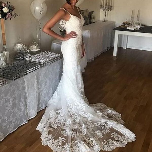 summer simple mermaid wedding dresses spaghetti straps count train lace wedding dress back zipper custom made beach bridal dress, White
summer simple mermaid wedding dresses spaghetti straps count train lace wedding dress back zipper custom made beach bridal dress, White