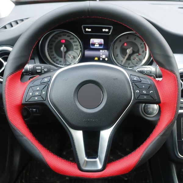 diy hand-stitched car steering wheel cover black red leather for mercedes-benz b180 2012 
diy hand-stitched car steering wheel cover black red leather for mercedes-benz b180 2012