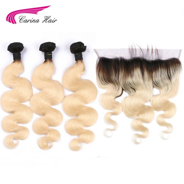

carina remy hair ombre color 1b/613 hair wefts 3 bundle with 13*4 ear to ear lace frontal brazilian human honey blonde, Black;brown
