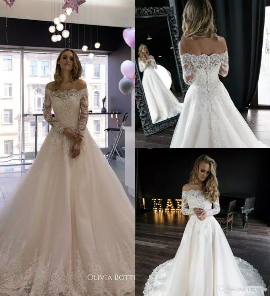 2019 olivia bottega beach wedding dresses a line off shoulder lace appliques long sleeve country wedding dress beaded boho bridal gowns, White 
2019 olivia bottega beach wedding dresses a line off shoulder lace appliques long sleeve country wedding dress beaded boho bridal gowns, White