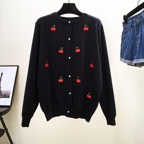 spring and autumn new knit sweater cardigan cherry embroidery sweet single breasted sweater, White;black
spring and autumn new knit sweater cardigan cherry embroidery sweet single breasted sweater, White;black