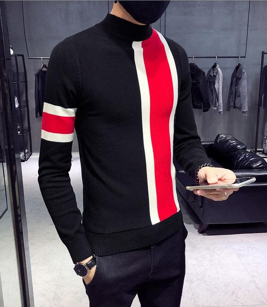 men's leisure knitted sweater mock neck half-collar striped assorted colors slim sweaters, White;black
men's leisure knitted sweater mock neck half-collar striped assorted colors slim sweaters, White;black