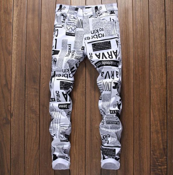 

newspaper printed pattern designer jeans men's white letter painted elastic skinny pants slim trousers size 29-38 #5011, Blue