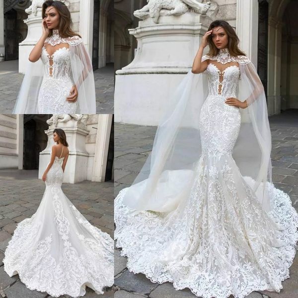 gorgeous mermaid lace wedding dresses with cape sheer plunging neck bohemian appliqued plus size bridal gown vestidos de nnovia, White
gorgeous mermaid lace wedding dresses with cape sheer plunging neck bohemian appliqued plus size bridal gown vestidos de nnovia, White