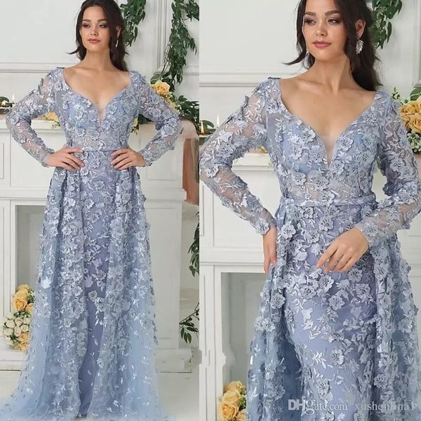 2019 luxury mermaid prom dresses with detachable skirt lace 3d floral appliques pearls sweep train long sleeve evening gowns v neck, Black
2019 luxury mermaid prom dresses with detachable skirt lace 3d floral appliques pearls sweep train long sleeve evening gowns v neck, Black