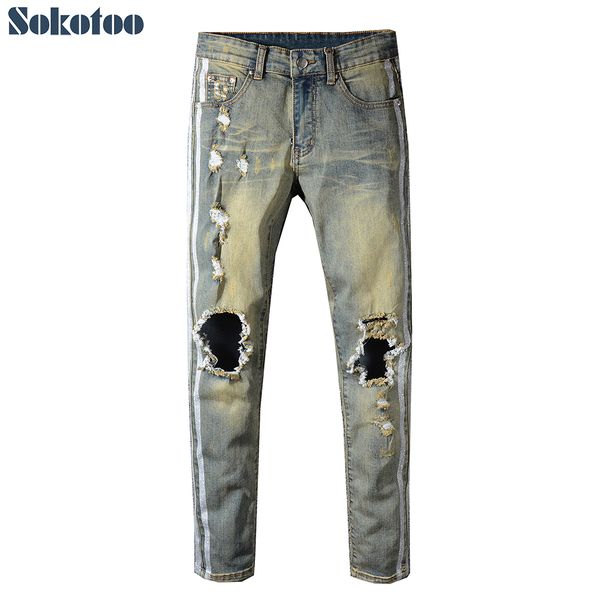 sokotoo men's vintage stripe lines printed holes ripped jeans trendy distressed stretch denim pants, Blue
sokotoo men's vintage stripe lines printed holes ripped jeans trendy distressed stretch denim pants, Blue