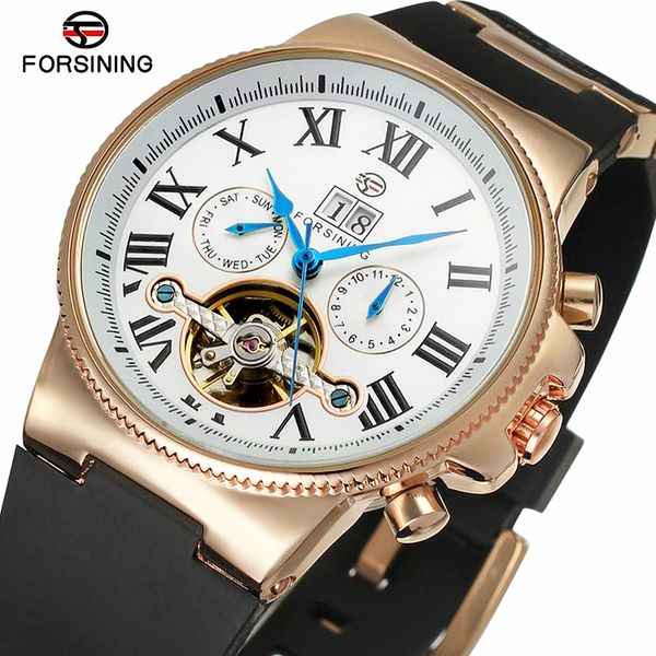 

forsining brand men's wrist watch army sport business skeleton clock rubber automatic mechanical watches, Slivery;brown
