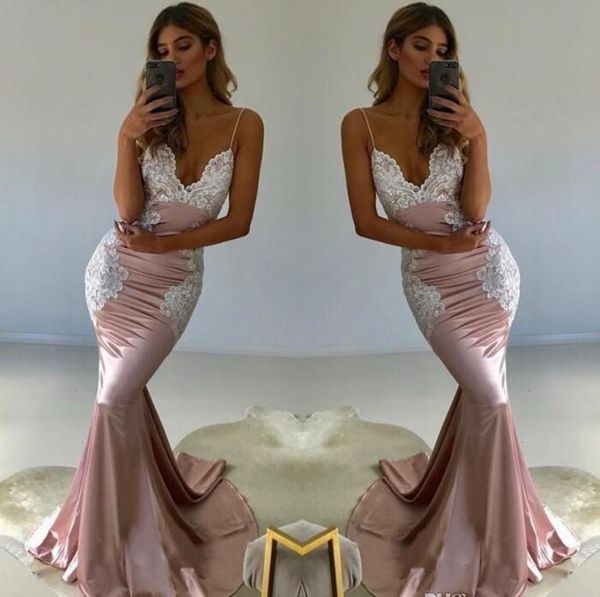 white appliques mermaid long evening gowns 2018 stretchy satin long prom dress bridesmaids gowns formal vestidos de festa, White;pink
white appliques mermaid long evening gowns 2018 stretchy satin long prom dress bridesmaids gowns formal vestidos de festa, White;pink