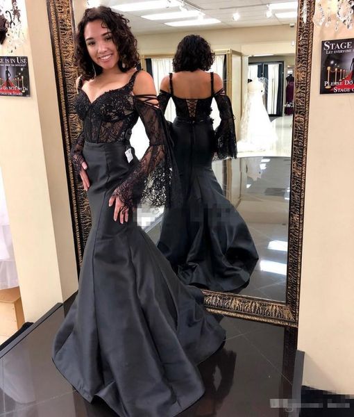 2019 black satin prom dresses mermaid with long poet sleeves strapls lace sweep train lace up back formal evening party gown
2019 black satin prom dresses mermaid with long poet sleeves strapls lace sweep train lace up back formal evening party gown