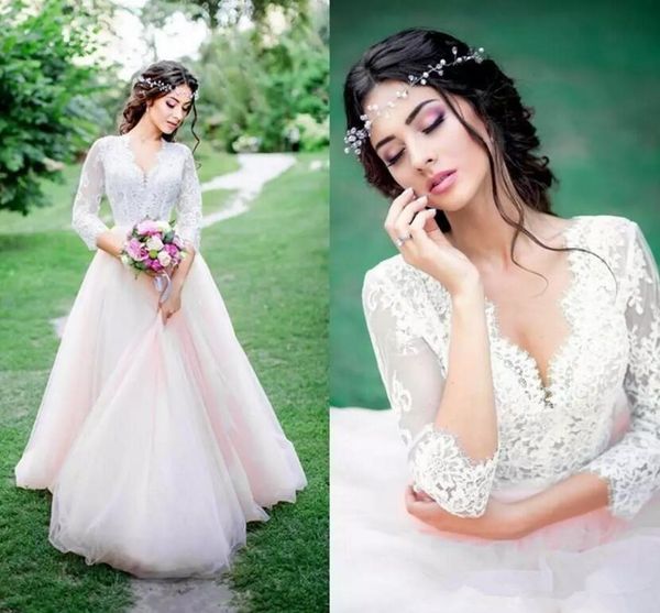 romantic lace long sleeve wedding dresses v neck tulle a line sweep train floor length bohemian bridal gowns custom made, White
romantic lace long sleeve wedding dresses v neck tulle a line sweep train floor length bohemian bridal gowns custom made, White