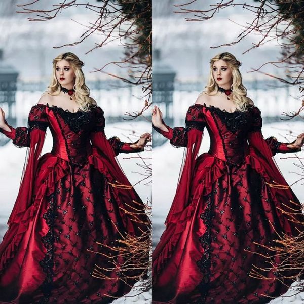 vintage medieval red and black gothic wedding dresses off shoulder long sleeves lace appliques chapel train victorian bridal gowns fall 2018, White
vintage medieval red and black gothic wedding dresses off shoulder long sleeves lace appliques chapel train victorian bridal gowns fall 2018, White