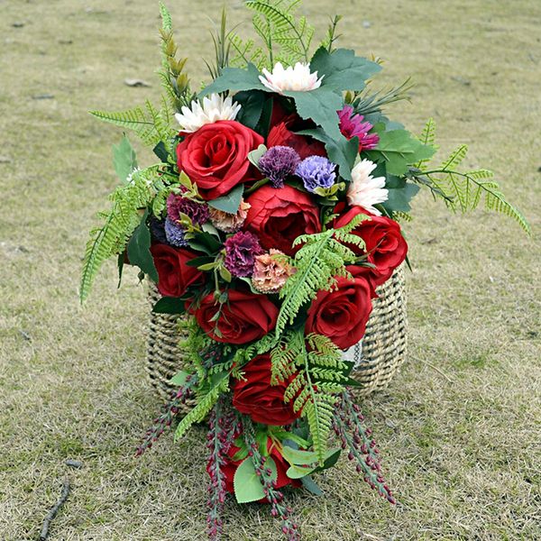 red rose cascade bouquet handmade wild tropical boho flowers wedding bouquet cascade burgundy bouquet de mariage 
red rose cascade bouquet handmade wild tropical boho flowers wedding bouquet cascade burgundy bouquet de mariage