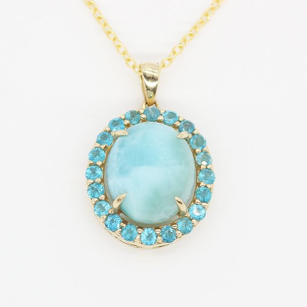 4.3ctw 9*7 round natural larimar with 0.036ct apatite 10k yellow gold with chain pendant, Silver
4.3ctw 9*7 round natural larimar with 0.036ct apatite 10k yellow gold with chain pendant, Silver