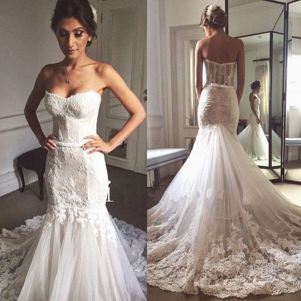 2019 new modern design mermaid wedding dresses strapless handmade appliques lace tulle bridal gowns custom made, White
2019 new modern design mermaid wedding dresses strapless handmade appliques lace tulle bridal gowns custom made, White