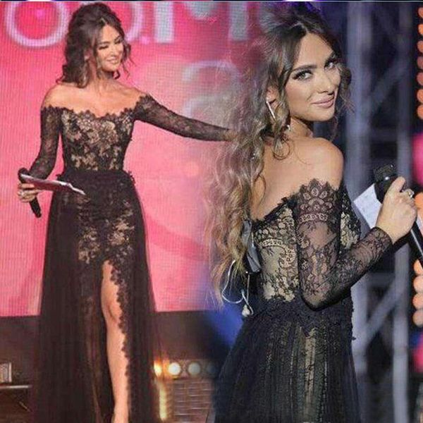 custom made charming black lace evening gown off shoulder long sleeves side split prom dress
custom made charming black lace evening gown off shoulder long sleeves side split prom dress