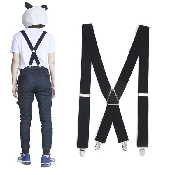 3.5 width fashion men suspenders solid black double elastic 4 clips adjustable two-way metal cross x back women pants braces, Black;white 
3.5 width fashion men suspenders solid black double elastic 4 clips adjustable two-way metal cross x back women pants braces, Black;white