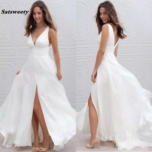 new summer beach boho wedding dresses chiffon a line v neck high side slit bride gowns bohemian women wedding gowns, White
new summer beach boho wedding dresses chiffon a line v neck high side slit bride gowns bohemian women wedding gowns, White