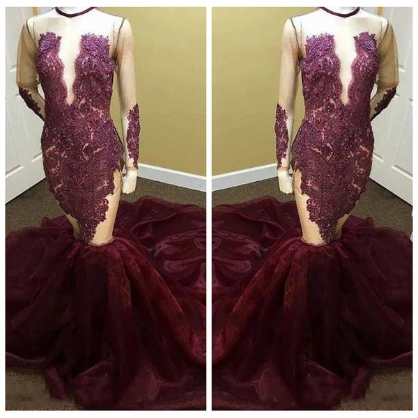 2019 sheer o-neck long sleeves with lace appliques slim prom dresses beading formal evening party gowns see through custom vestidos, Black
2019 sheer o-neck long sleeves with lace appliques slim prom dresses beading formal evening party gowns see through custom vestidos, Black