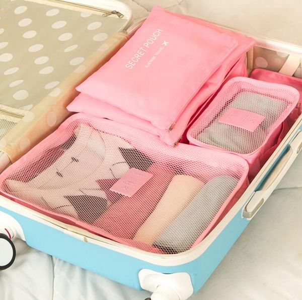 travel package. 6 bags. waterproof. dress the bag. a travel bag. underwear bag. oxford cloth. bag organizer., Blue;pink