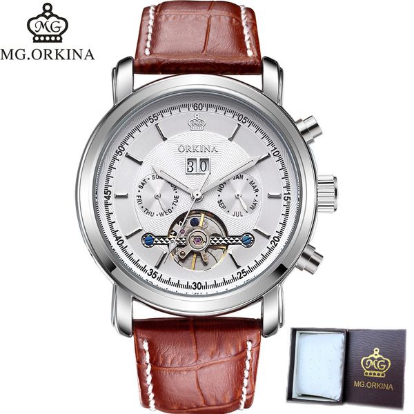 orkina full calendar auto mechanical mens watches top wrist watch leather erkek kol saati montre homme, Slivery;brown
orkina full calendar auto mechanical mens watches top wrist watch leather erkek kol saati montre homme, Slivery;brown