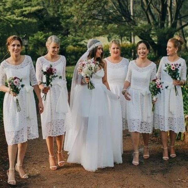 lace tea length bridesmaids dresses jewel neck 3/4 long sleeves a-line country wedding guest dress elegant short maid of honor dresses, White;pink
lace tea length bridesmaids dresses jewel neck 3/4 long sleeves a-line country wedding guest dress elegant short maid of honor dresses, White;pink