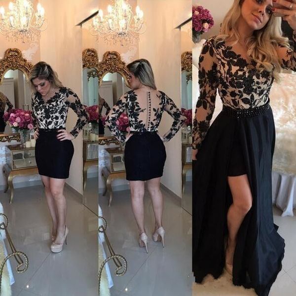 2018 black v neck lace appliqued prom dress sheer long sleeve button back detachable removable skirt floral evening gowns custom made
2018 black v neck lace appliqued prom dress sheer long sleeve button back detachable removable skirt floral evening gowns custom made