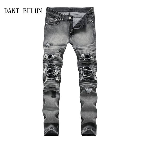 men ripped biker jeans distressed moto skinny denim hip hop destroyed knee leather pleated patch jeans,1818, Blue
men ripped biker jeans distressed moto skinny denim hip hop destroyed knee leather pleated patch jeans,1818, Blue