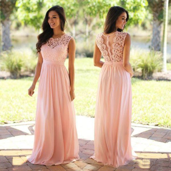 Blush Pink Lace Chiffon Bridesmaid Dress 2020 Sheer Neck Lace Top Zipper Back Long Floor Length Maid of Honor Wedding Guest Dresses Cheap