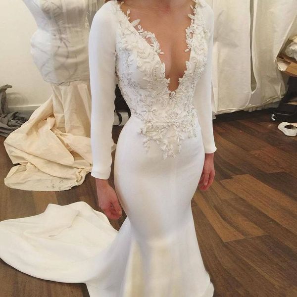 long sleeve mermaid wedding dresses with lace beaded 2019 modest v-neck sweep train simple design trumpet garden wedding gown, White
long sleeve mermaid wedding dresses with lace beaded 2019 modest v-neck sweep train simple design trumpet garden wedding gown, White