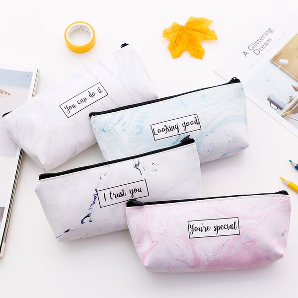 

school pencil case kawaii pencil bag marble pattern students stationery box pu leather cute pencilcase office supplies