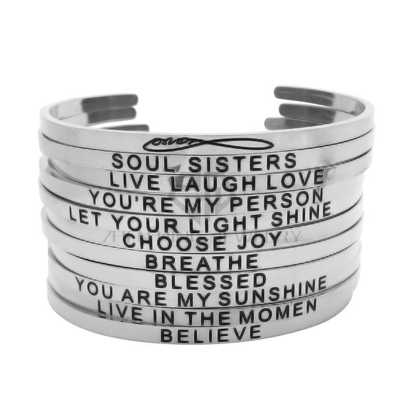 Silver tackable 316l tainle teel engraved bracelet po itive in pirational open tamped cuff bangle for women gift
Silver tackable 316l tainle teel engraved bracelet po itive in pirational open tamped cuff bangle for women gift