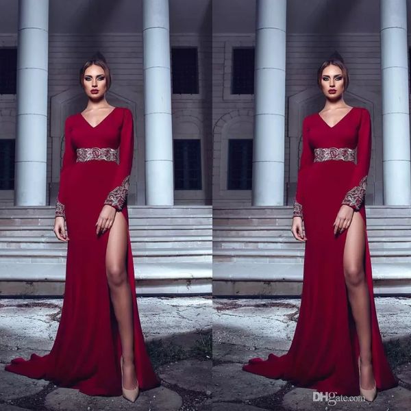 dark red mermaid side split evening dresses v-neck long sleeve with bead and sequin party gown elastic satin red carpet wears, Black;red
dark red mermaid side split evening dresses v-neck long sleeve with bead and sequin party gown elastic satin red carpet wears, Black;red