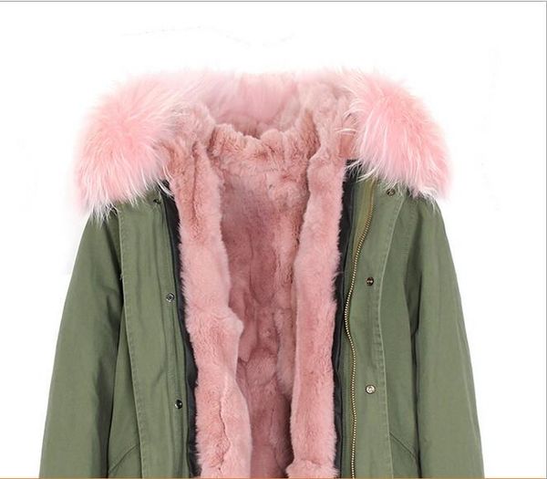 female snow coats jazzevar pink raccoon fur trim pink rabbit fur lining army green canvas mini parkas with ykk zipper, Black
female snow coats jazzevar pink raccoon fur trim pink rabbit fur lining army green canvas mini parkas with ykk zipper, Black