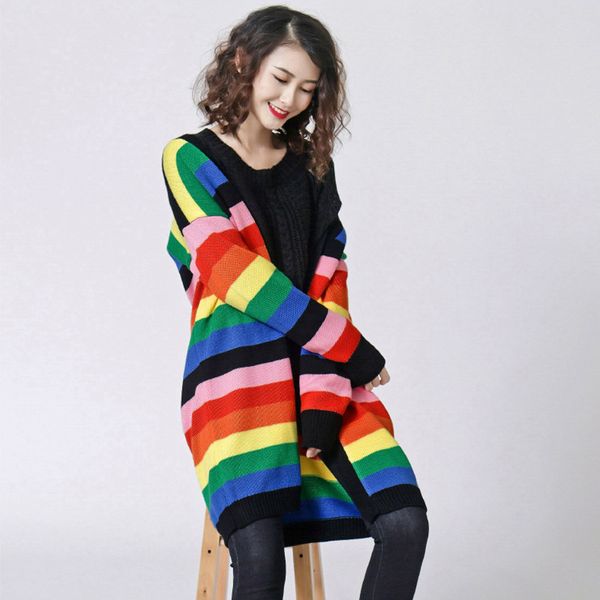 long cardigan women striped rainbow sweater female v-neck full sleeve autumn winter tricot harajuku casual black knitted shirt, White;black
long cardigan women striped rainbow sweater female v-neck full sleeve autumn winter tricot harajuku casual black knitted shirt, White;black