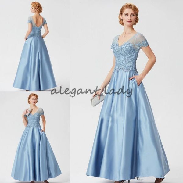 Elegant Satin 2018 Mother Of The Bride Dresses with pocket Ice Blue V Neck Lace Appliqued Evening Gowns Ankle Length Lace Formal Dress