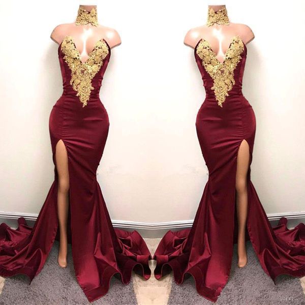 2K18 Sexy Burgundy Prom Dresses with Gold Lace Appliqued Mermaid Formal Wear Front Split for 2018 Long Party Evening Wear Gowns
2K18 Sexy Burgundy Prom Dresses with Gold Lace Appliqued Mermaid Formal Wear Front Split for 2018 Long Party Evening Wear Gowns