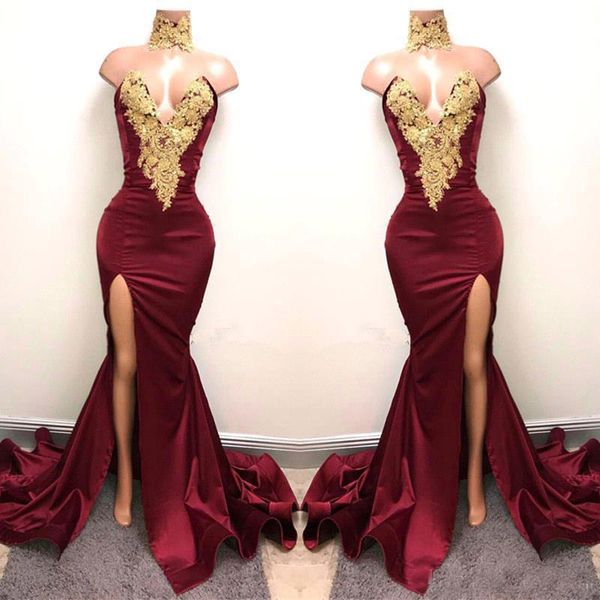 2K18 Sexy Burgundy Prom Dresses with Gold Lace Appliqued Mermaid African Gowns Front Split for 2018 Long Party Evening Wear Gowns
2K18 Sexy Burgundy Prom Dresses with Gold Lace Appliqued Mermaid African Gowns Front Split for 2018 Long Party Evening Wear Gowns