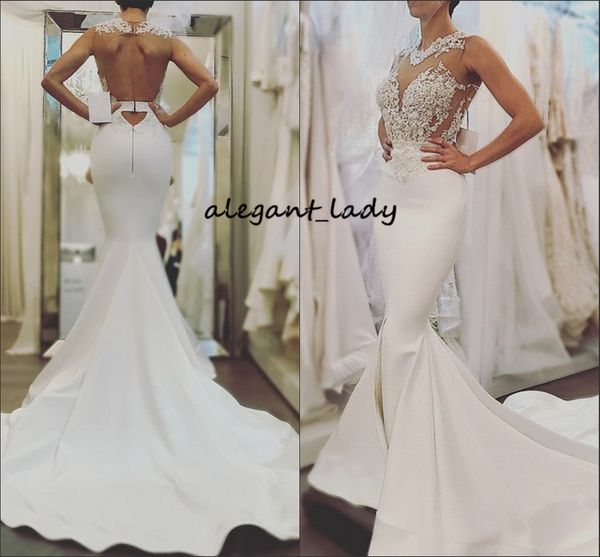 sheer jewel neck mermaid wedding dresses 2019 sweep train applique stain backless trumpet garden temple bridal gown, White
sheer jewel neck mermaid wedding dresses 2019 sweep train applique stain backless trumpet garden temple bridal gown, White