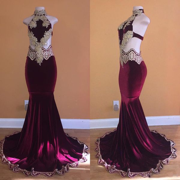 Burgundy Velvet Mermaid Prom Dresses 2018 Beads Lace Black Girls Party Dresses Long Backless High Neckline Evening Gowns