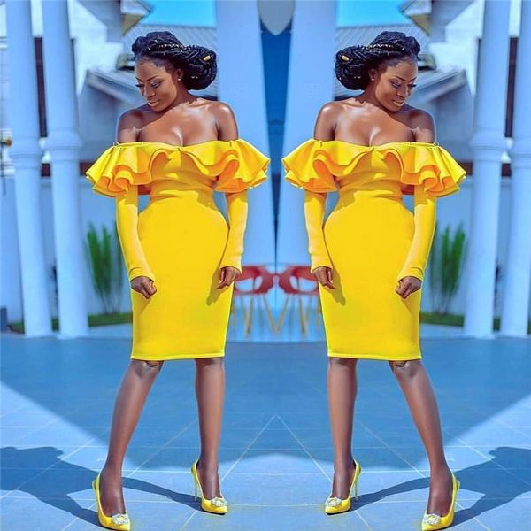 off shoulder cocktail party dresses ruffles yellow knee length african long sleeves mermaid homecoming dress satin short prom dress, Black
off shoulder cocktail party dresses ruffles yellow knee length african long sleeves mermaid homecoming dress satin short prom dress, Black