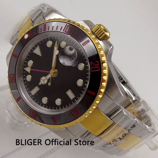 bliger 40mm black sterile dial golden plated black ceramic bezel gmt function luminous marks automatic movement men's watch b269, Slivery;brown
bliger 40mm black sterile dial golden plated black ceramic bezel gmt function luminous marks automatic movement men's watch b269, Slivery;brown