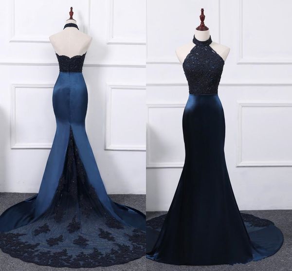 2018 dark navy halter mermaid prom dresses backless lace appliques beaded sweep train arabic evening party gowns custom made, Black
2018 dark navy halter mermaid prom dresses backless lace appliques beaded sweep train arabic evening party gowns custom made, Black