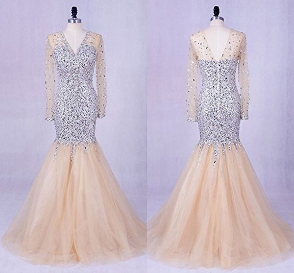 champagne v neck backless pageant evening dresses mermaid long sleeve illusion crystal rhinestones bodice long prom formal dress, White;red
champagne v neck backless pageant evening dresses mermaid long sleeve illusion crystal rhinestones bodice long prom formal dress, White;red