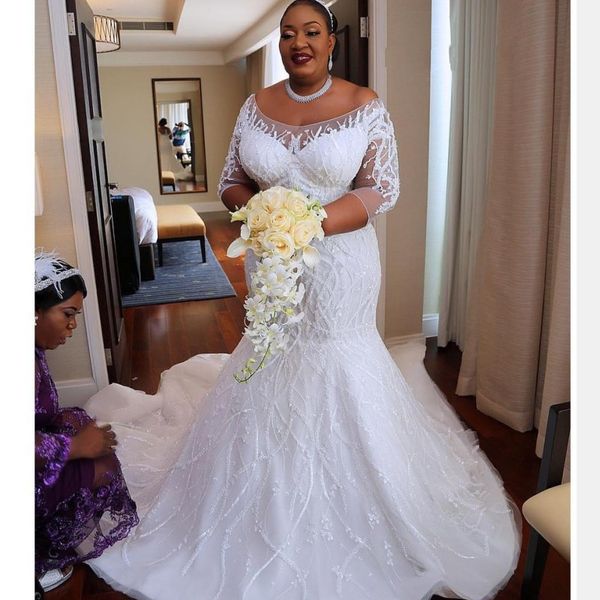 glamorous african mermaid wedding dress beads applique off shoulder 3/4 long sleeves bridal dress plus size dubai tulle wedding dress, White
glamorous african mermaid wedding dress beads applique off shoulder 3/4 long sleeves bridal dress plus size dubai tulle wedding dress, White
